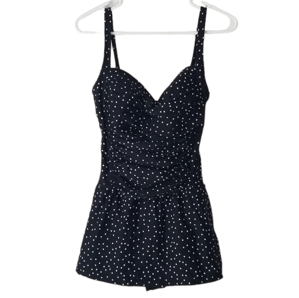 La Blanca Black/White Polka Dot One Piece Swimsuit with Skirt Tummy Control 14